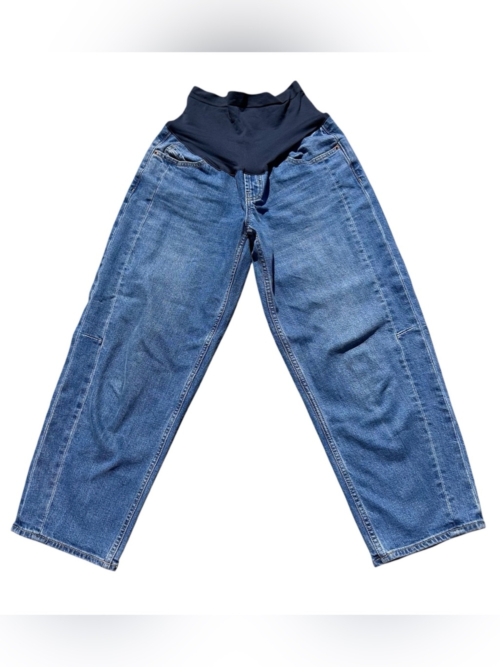 Old Navy Maternity Barrel Leg Jeans Size 4 Full Panel Blue Wide Cropped Boho